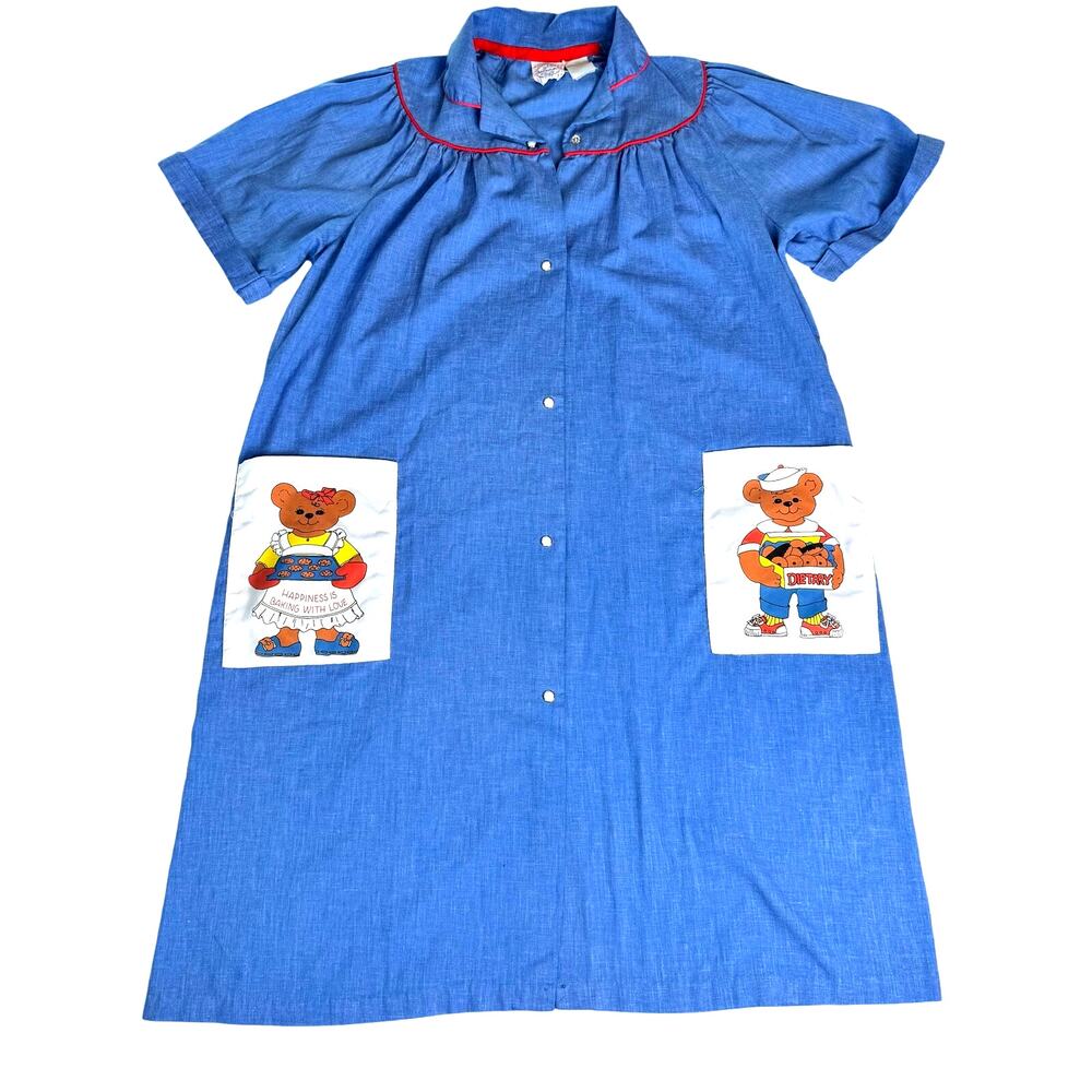 Vintage 80s Wrap Snap Housecoat Dress MuMu Blue Teddy Bear XL Loungewear
